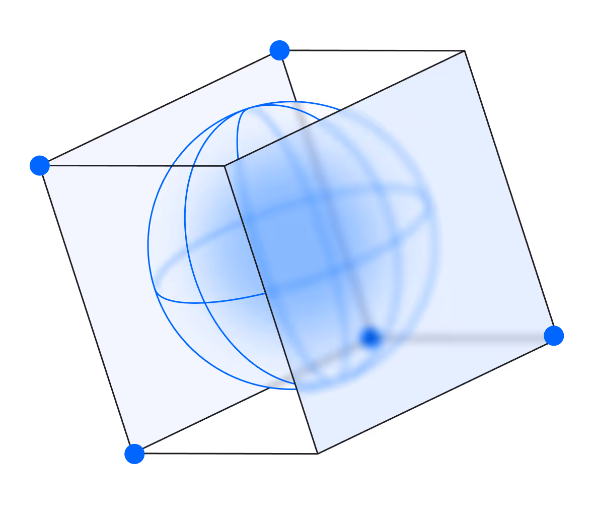 3D geometric illustration of a sphere inside a transparent cube with blue nodes at the cube vertices and grid lines on the sphere.