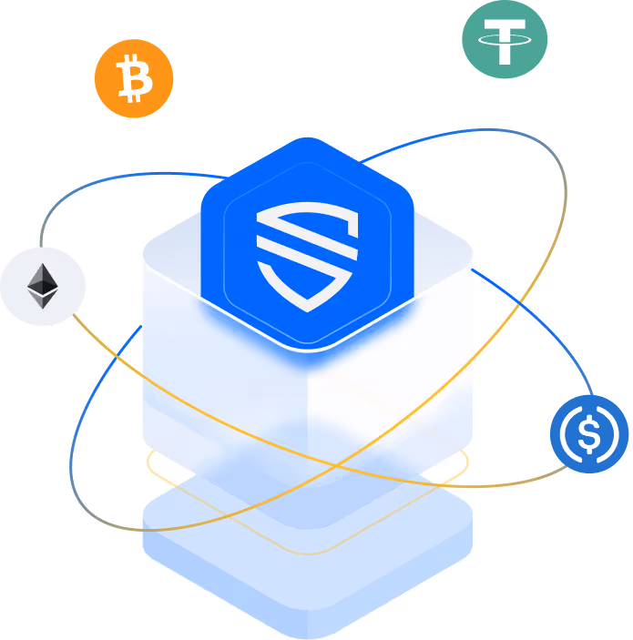 Blue and white 3D cube with a shield logo in the center, surrounded by orbiting icons of Bitcoin, Ethereum, Tether, and USD Coin cryptocurrencies.