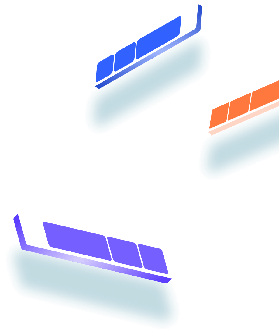 Three angled, rounded rectangular tabs in blue, orange, and purple with shadows on a white background.