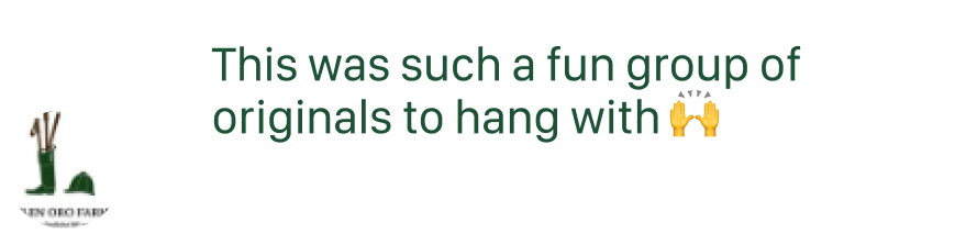 Chat bubble with green text saying, 'This was such a fun group of originals to hang with' followed by two raised hands emojis.