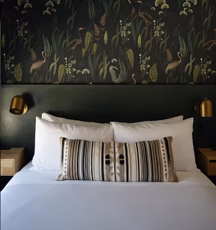 Bed with white pillows and a decorative striped lumbar pillow against a dark green wall with botanical and bird wallpaper, flanked by two brass wall lamps.