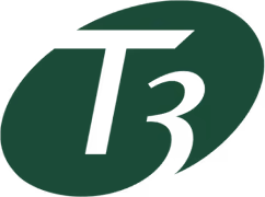 Stylized logo with dark green oval and overlapping bold letters T and B in black.