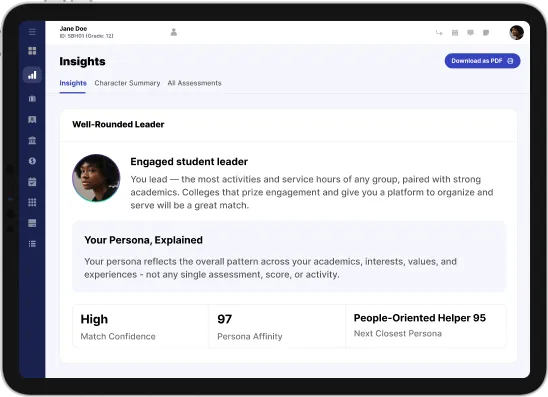 MaiaLearning Insights screen showing a student's Well-Rounded Leader persona
