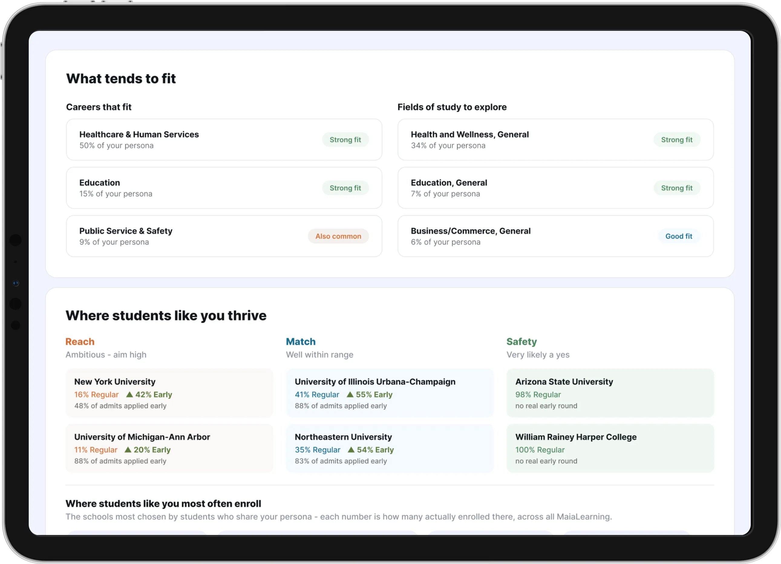MaiaLearning screen showing careers, fields of study, and universities that fit a persona