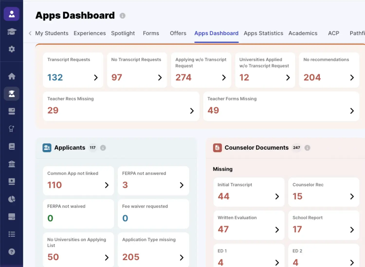 MaiaLearning applications dashboard tracking transcripts, recommendations, and counselor documents