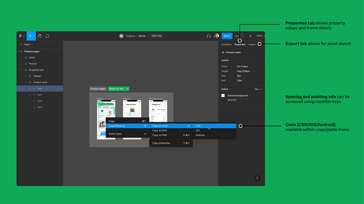 Figma interface with Dev Mode activated, showing properties, code export options, and design details