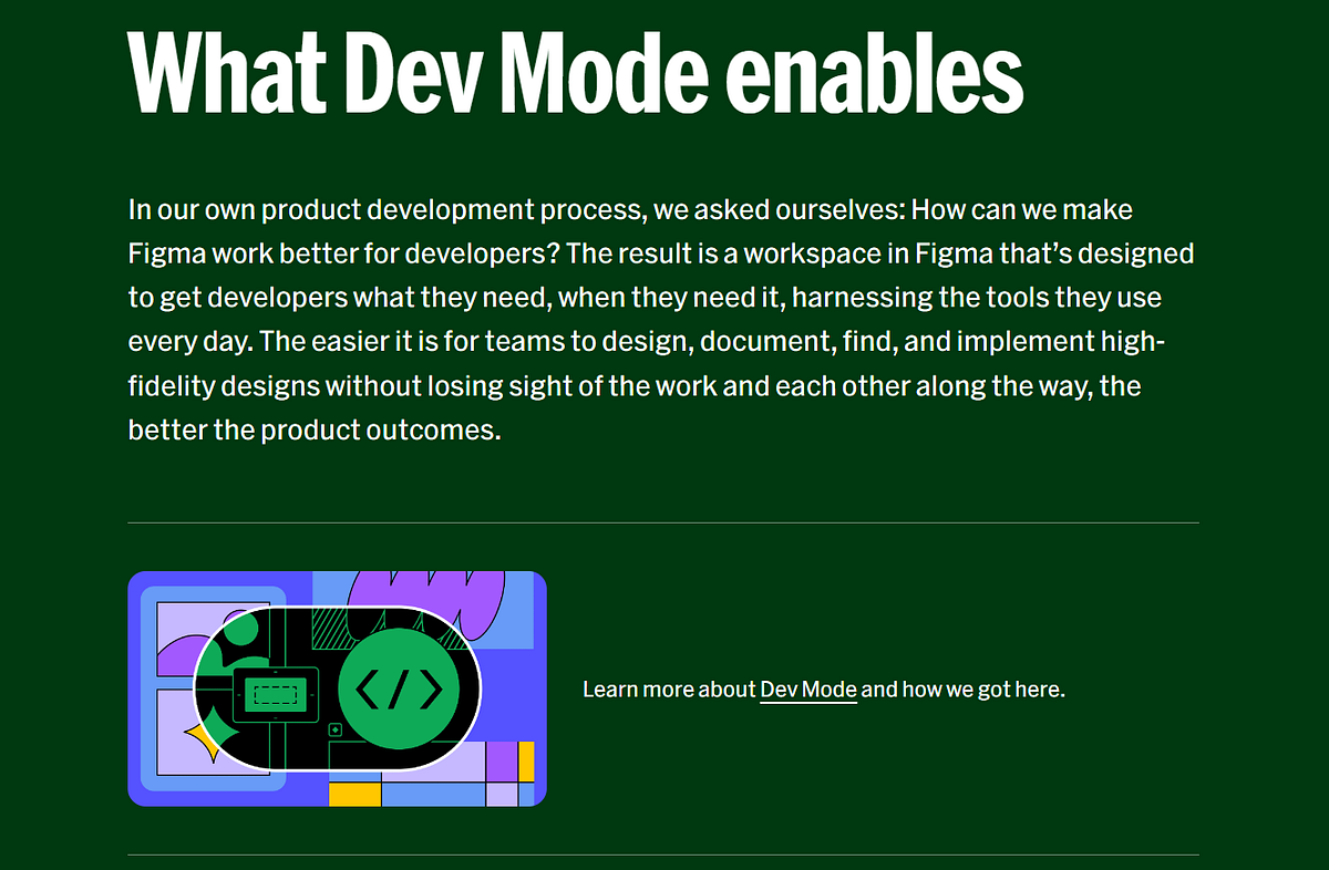 Figma Dev Mode interface explaining its benefits for development teams and product design processes