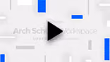 Black play button over white background with scattered blue rectangles and faint text.