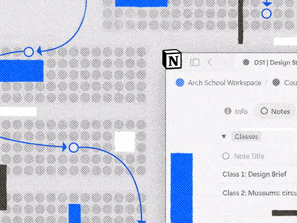 Partial view of a digital workspace showing classes like Design Brief and Museums with arrows and blue shapes.