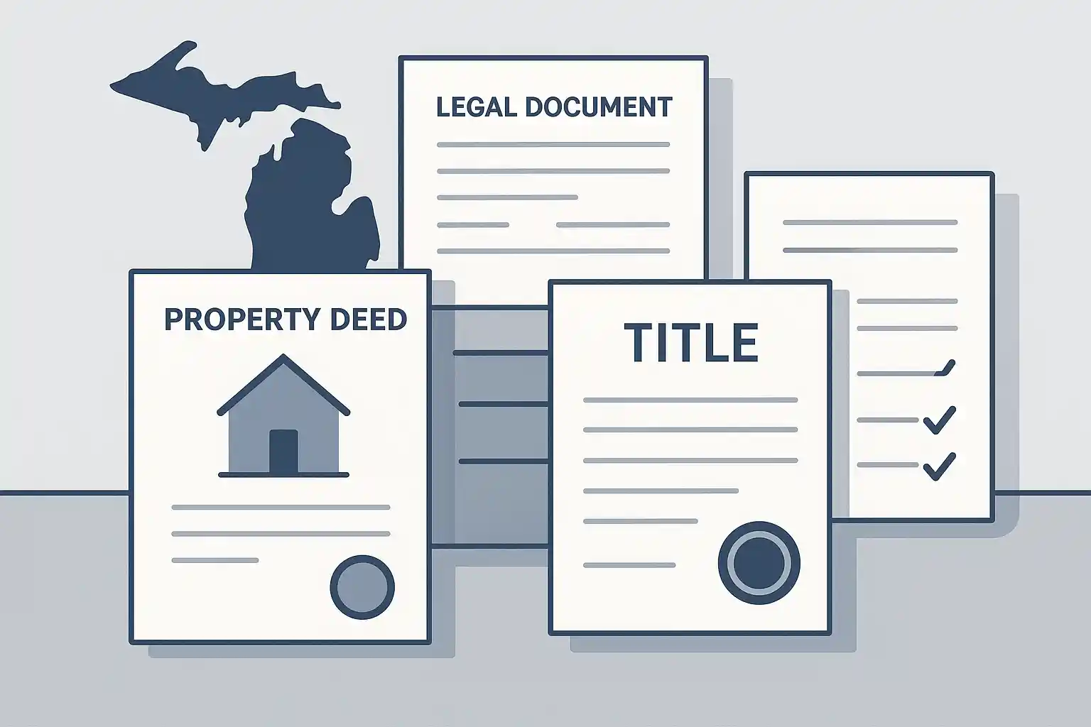 Essential legal documents for Michigan land sales including property deed, title documents, and legal paperwork checklist on organized desk