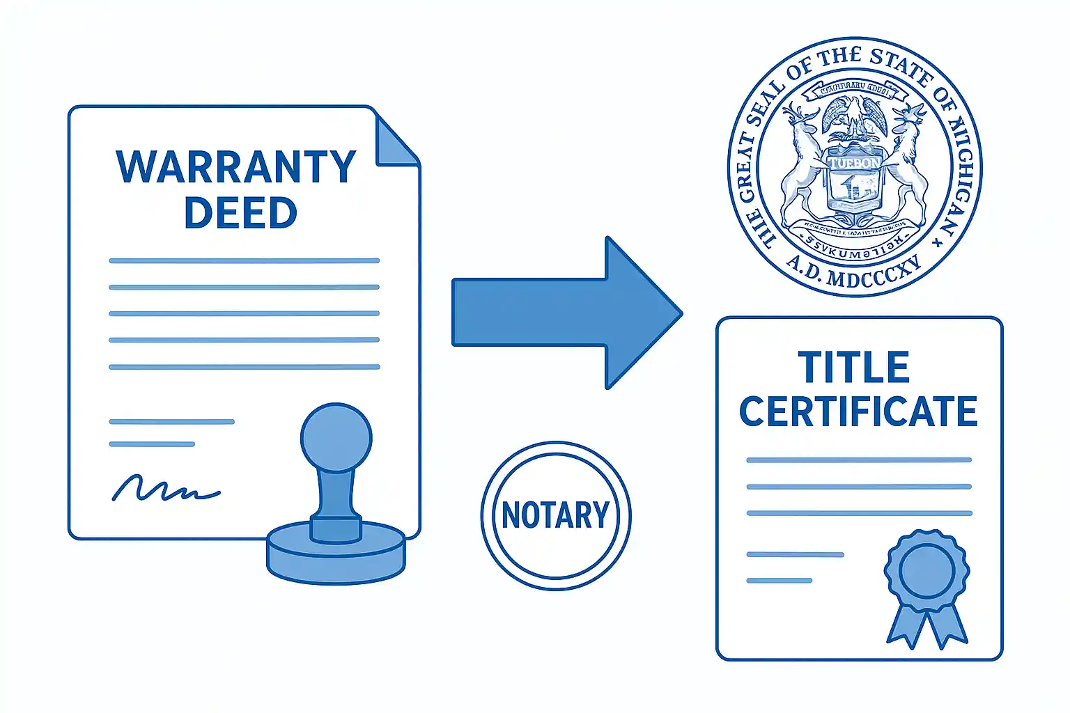 Michigan deed requirements illustration showing warranty deed document, title certificate, notary stamp, and property transfer process