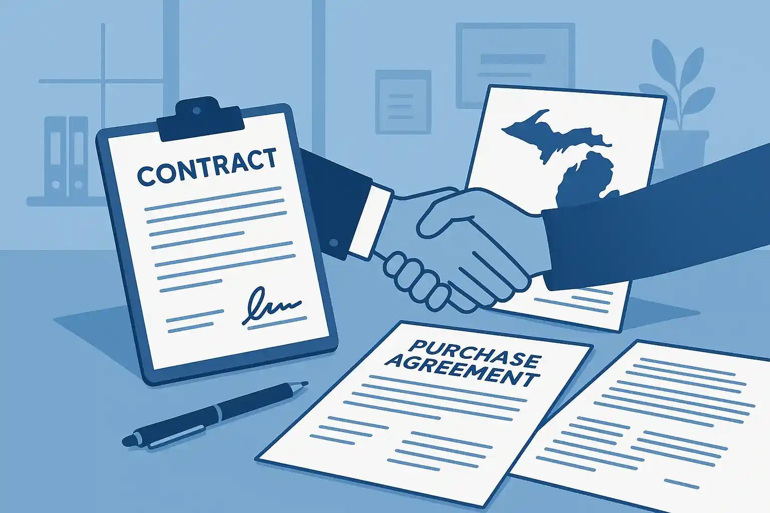 Michigan land purchase agreement and contract documents with signed paperwork, handshake, and legal forms for FSBO transactions