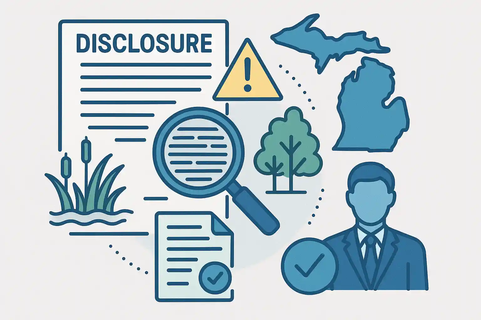 Michigan land sale closing documentation including settlement statement, closing papers, keys, and final paperwork on closing table