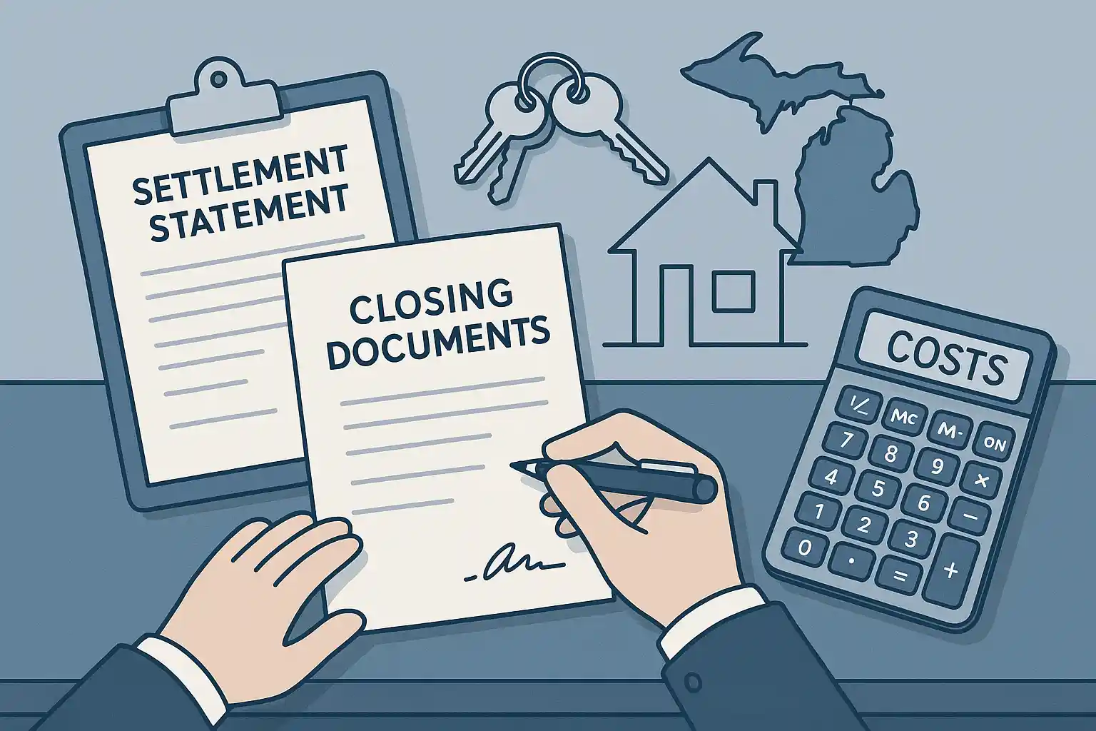 Michigan land sale closing documentation including settlement statement, closing papers, keys, and final paperwork on closing table