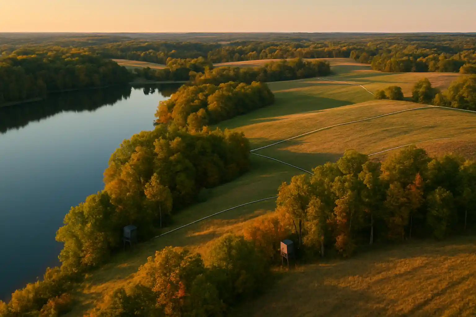 Aerial view of Michigan recreational property showing lake, forest, and hunting areas representing the diverse recreational land market