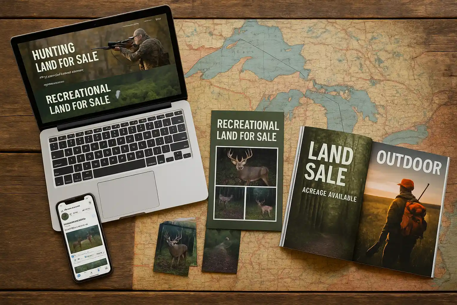 Marketing materials and digital platforms used to reach recreational land buyers in Michigan including websites, social media, and print advertising