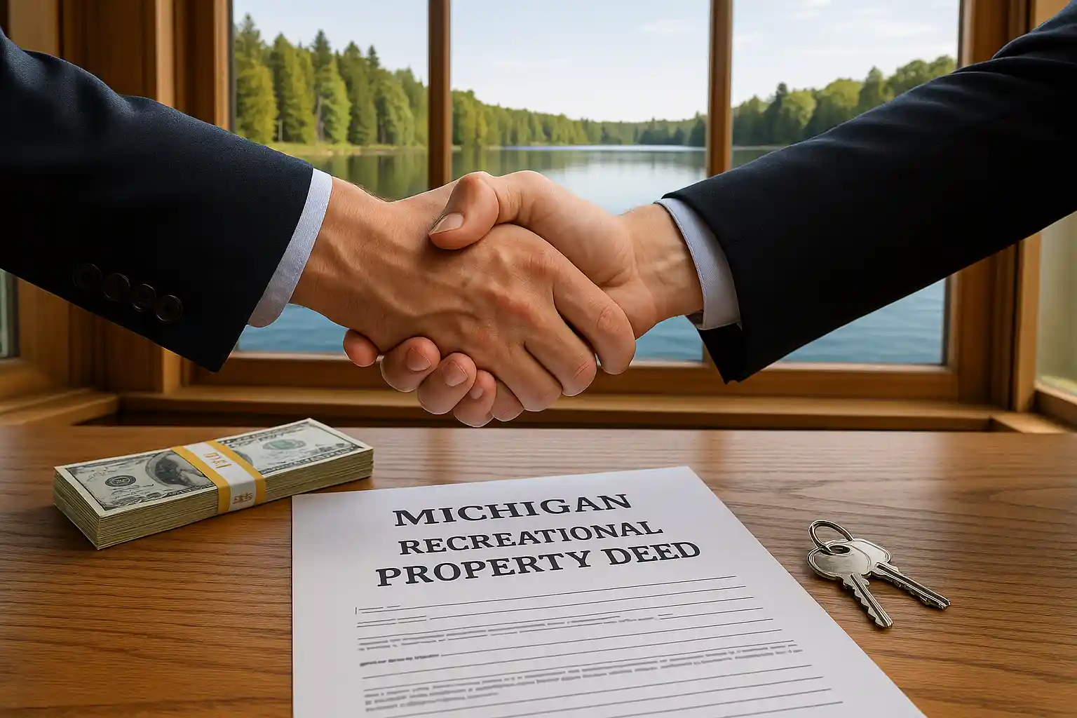 Successful cash transaction for Michigan recreational property showing handshake, documents, and payment representing fast, hassle-free sale