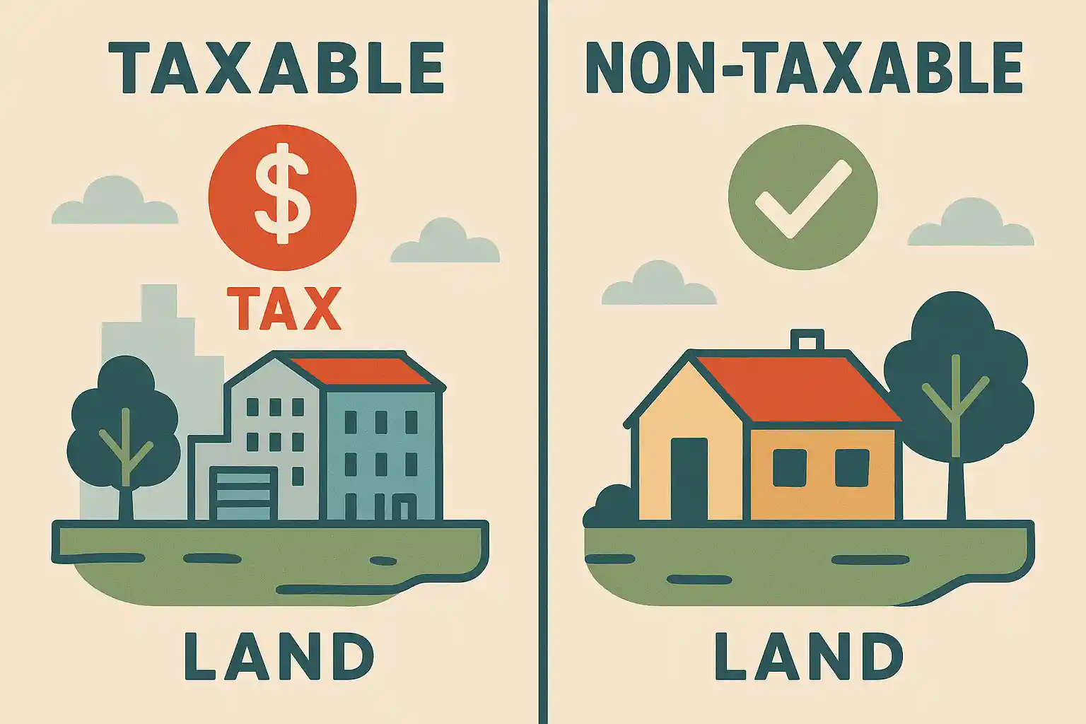 Comparison of taxable vs non-taxable Ohio land sale scenarios with tax symbols and checkmarks