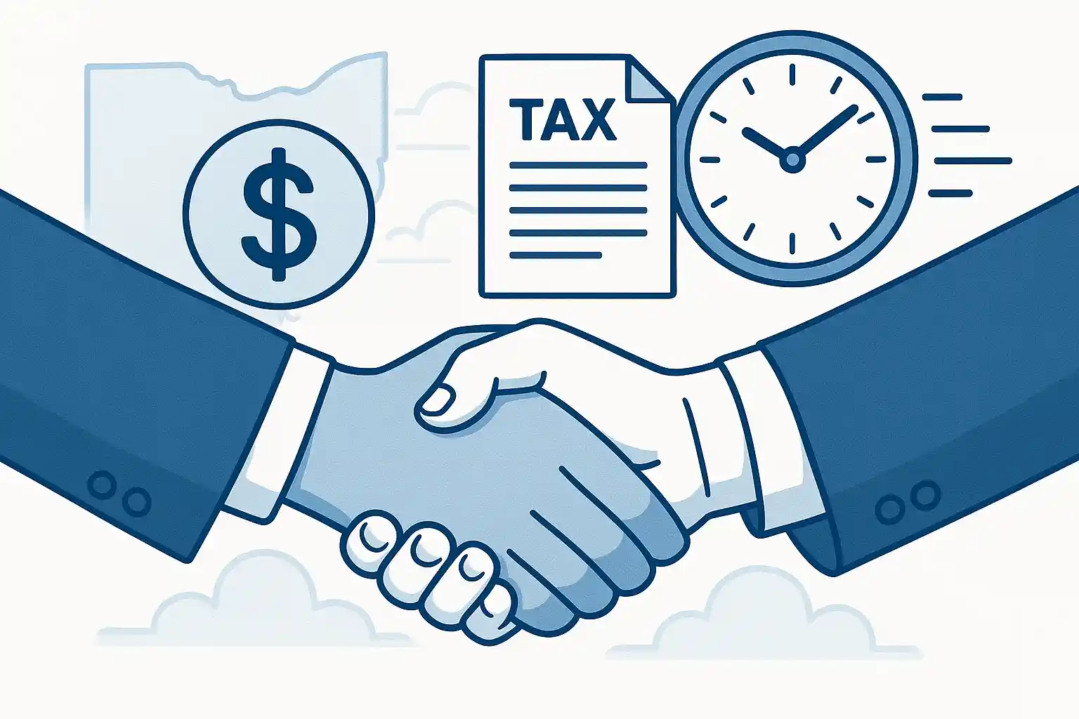 Cash land buyers in Ohio simplifying tax process with handshake and money symbols
