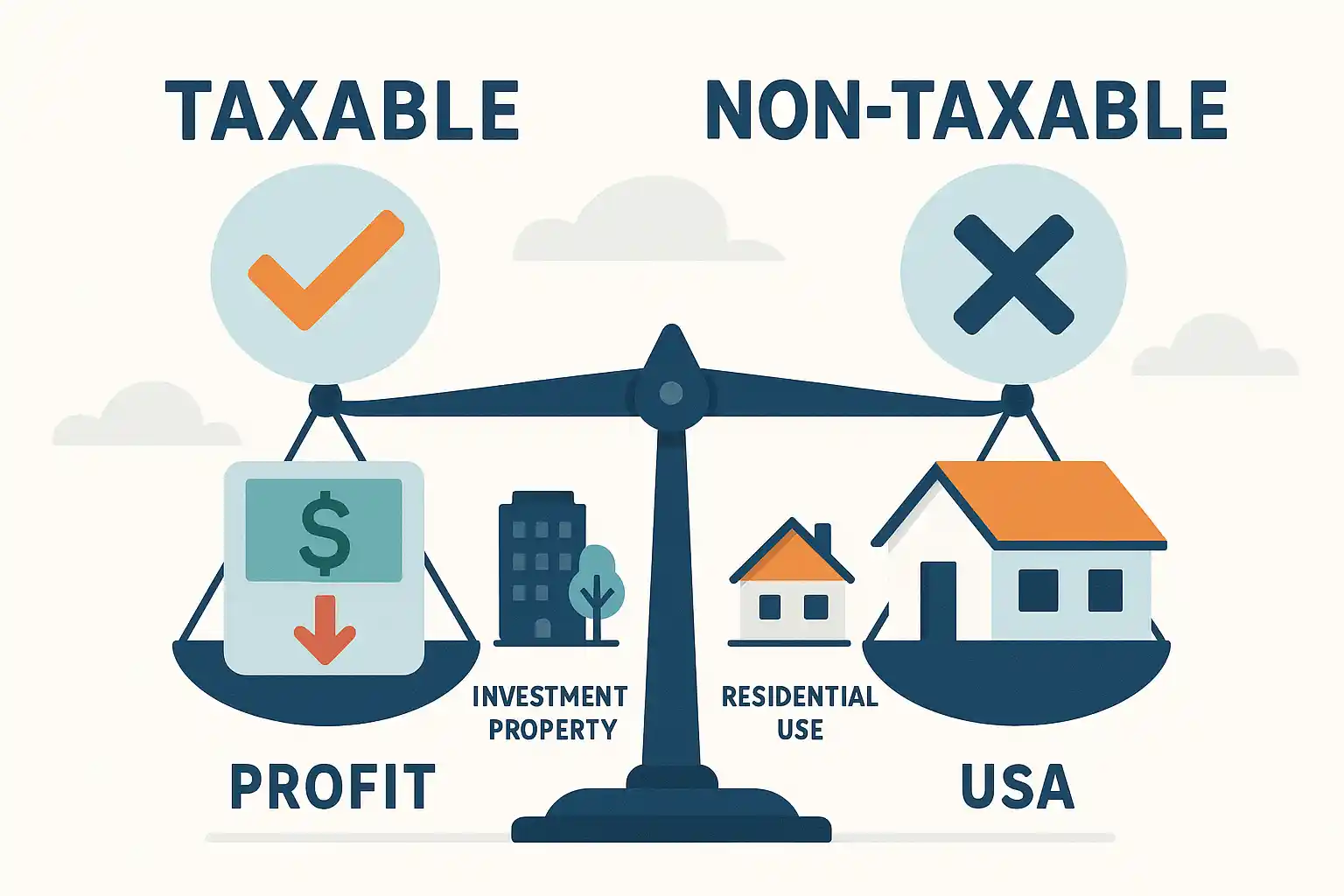 Balance scale illustration showing taxable vs non-taxable Michigan land sale scenarios
