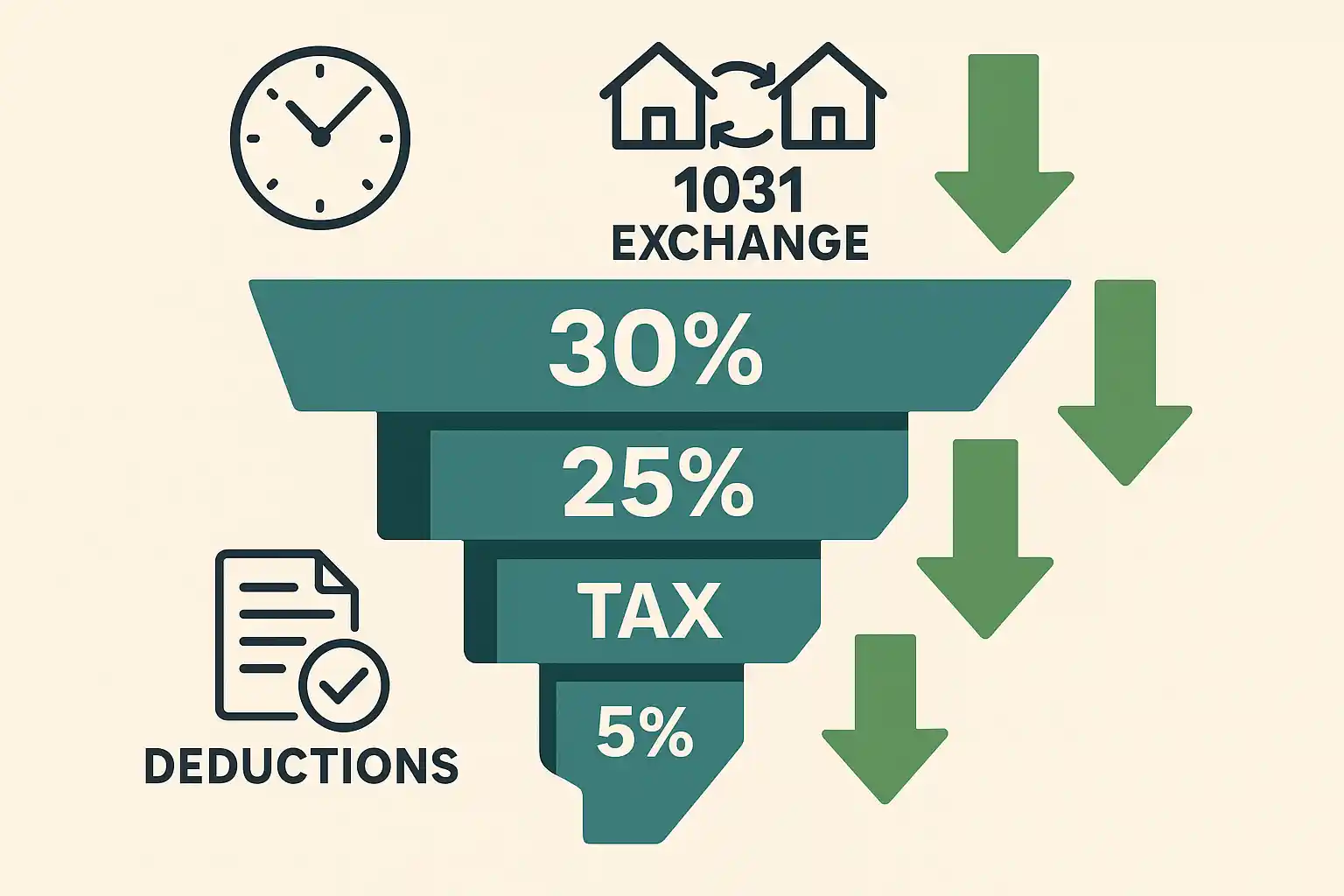 Tax reduction strategies illustration showing decreasing capital gains tax percentages
