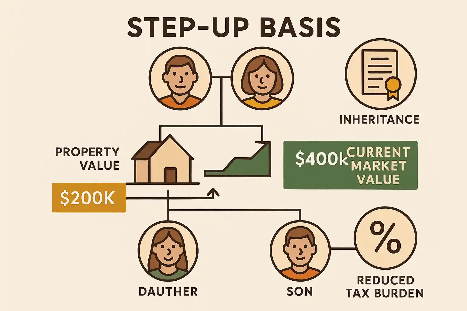 Step-up basis illustration showing tax benefits of inherited land sales in Michigan