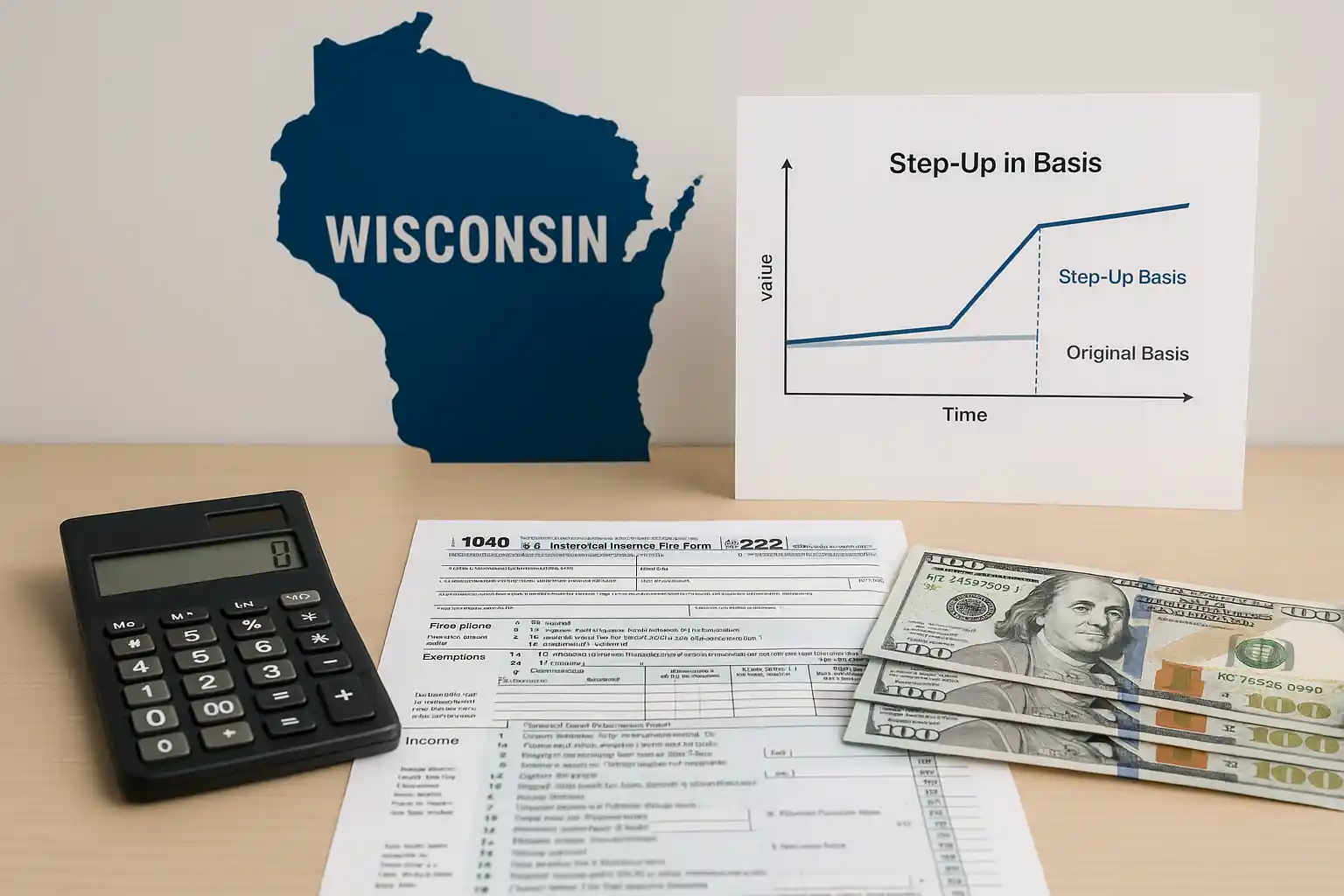Tax calculator and documents showing Wisconsin inherited land tax benefits and step-up basis rules