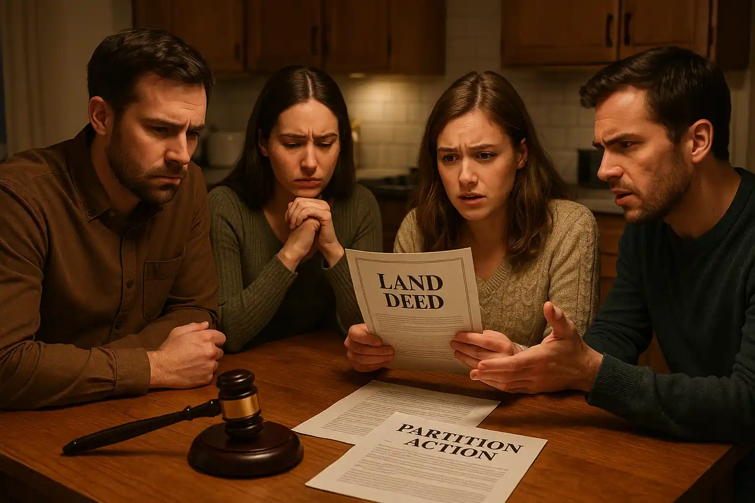 Multiple heirs discussing inherited Wisconsin land sale with legal documents and family disagreements