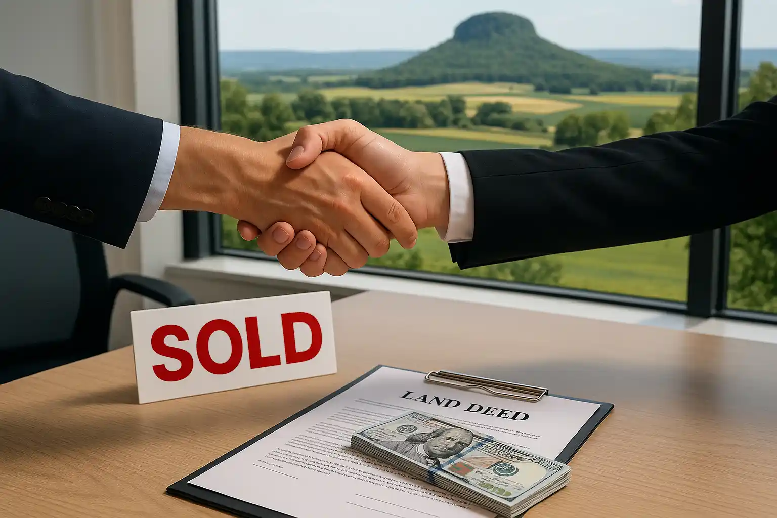 Fast cash sale handshake for inherited Wisconsin land with sold sign and quick closing documents