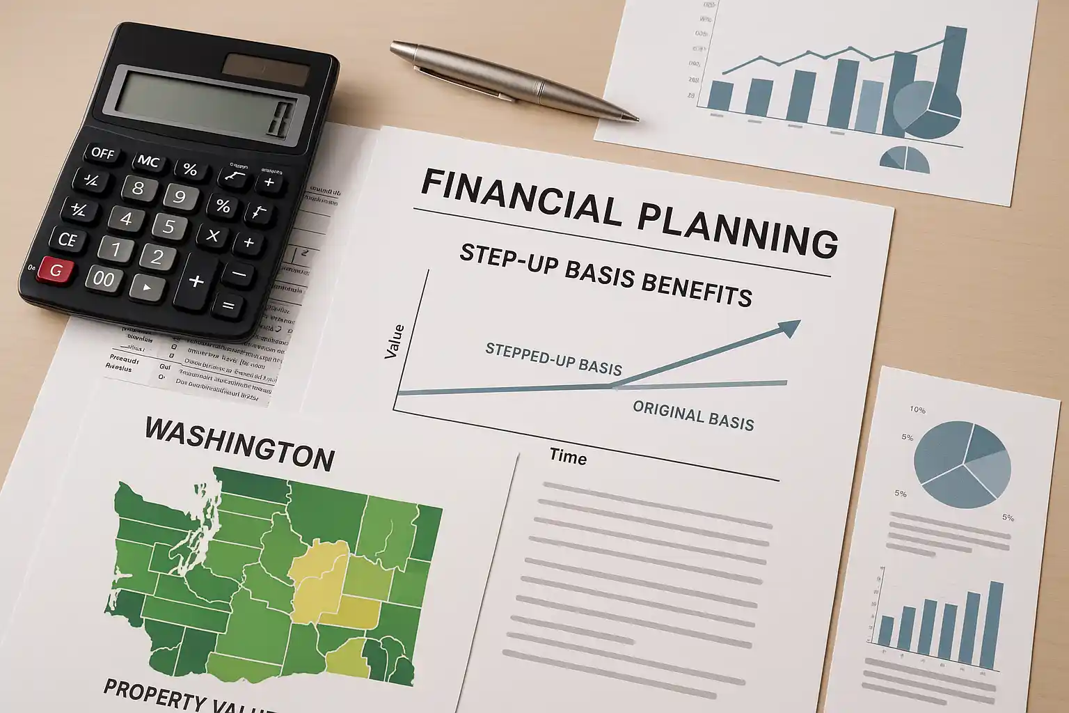 Tax documents and calculator showing Washington state inherited land tax benefits