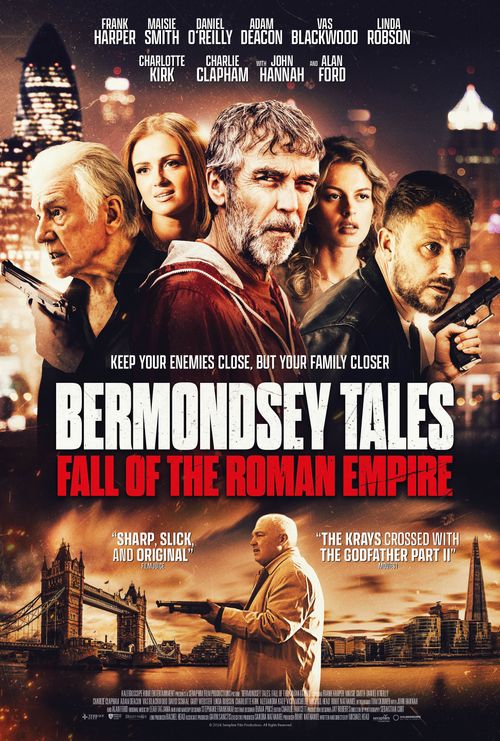 Poster for “Bermondsey Tales: Fall of the Roman Empire” (2024) — British gangster comedy film starring Jennifer Moxham, John Hannah, Alan Ford, and Charlotte Kirk.