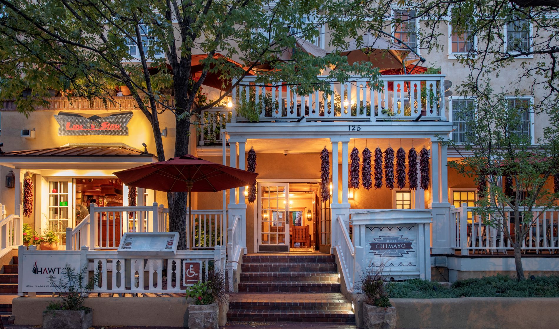 Hotel Chimayo exterior at night