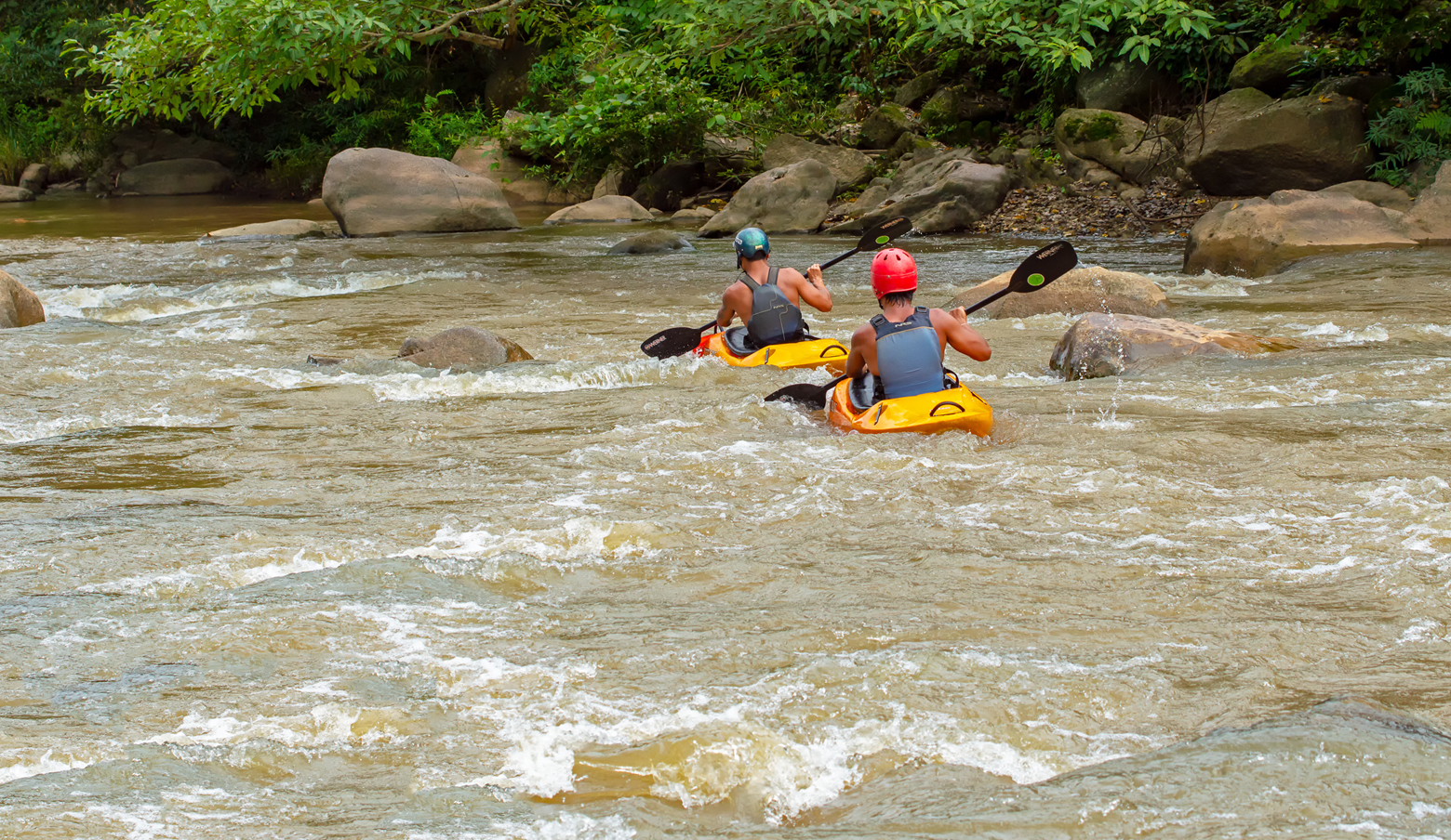 Two people canoeing on a river