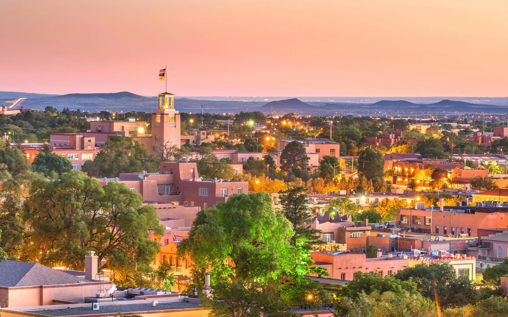 Aerial view of Santa Fe at dusk historic buildings, downtown
