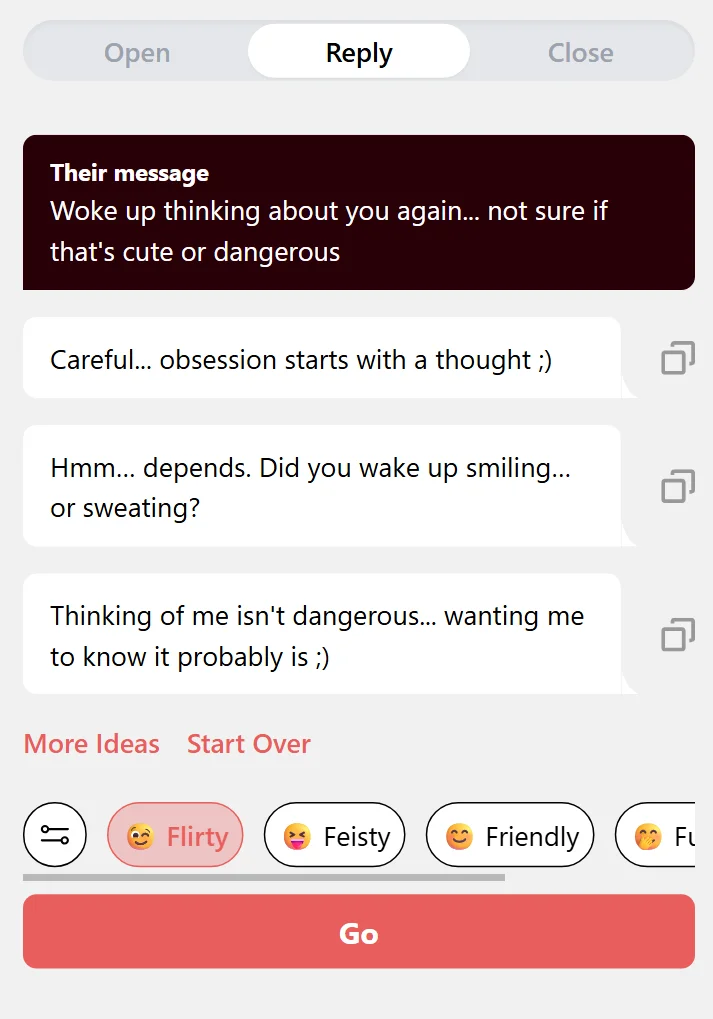 A screenshot of flirty responses generated by YourMove AI’s chat assistant tool.
