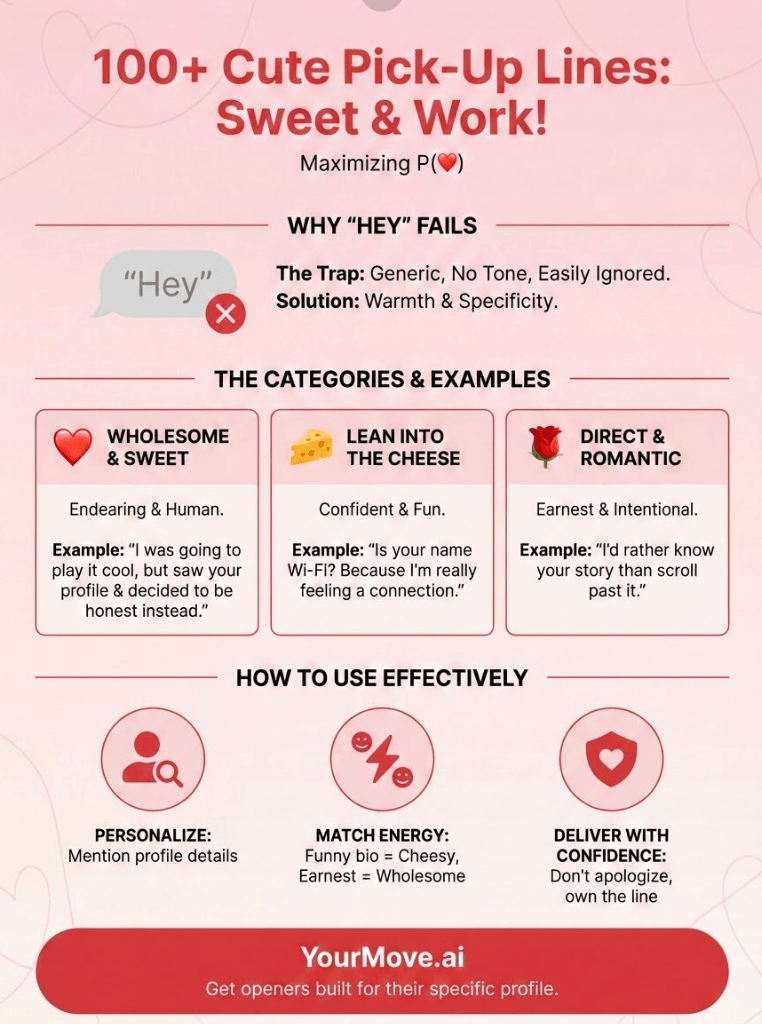 Infographic of 100+ Cute Pick-Up Lines That Are Sweet & Actually Work