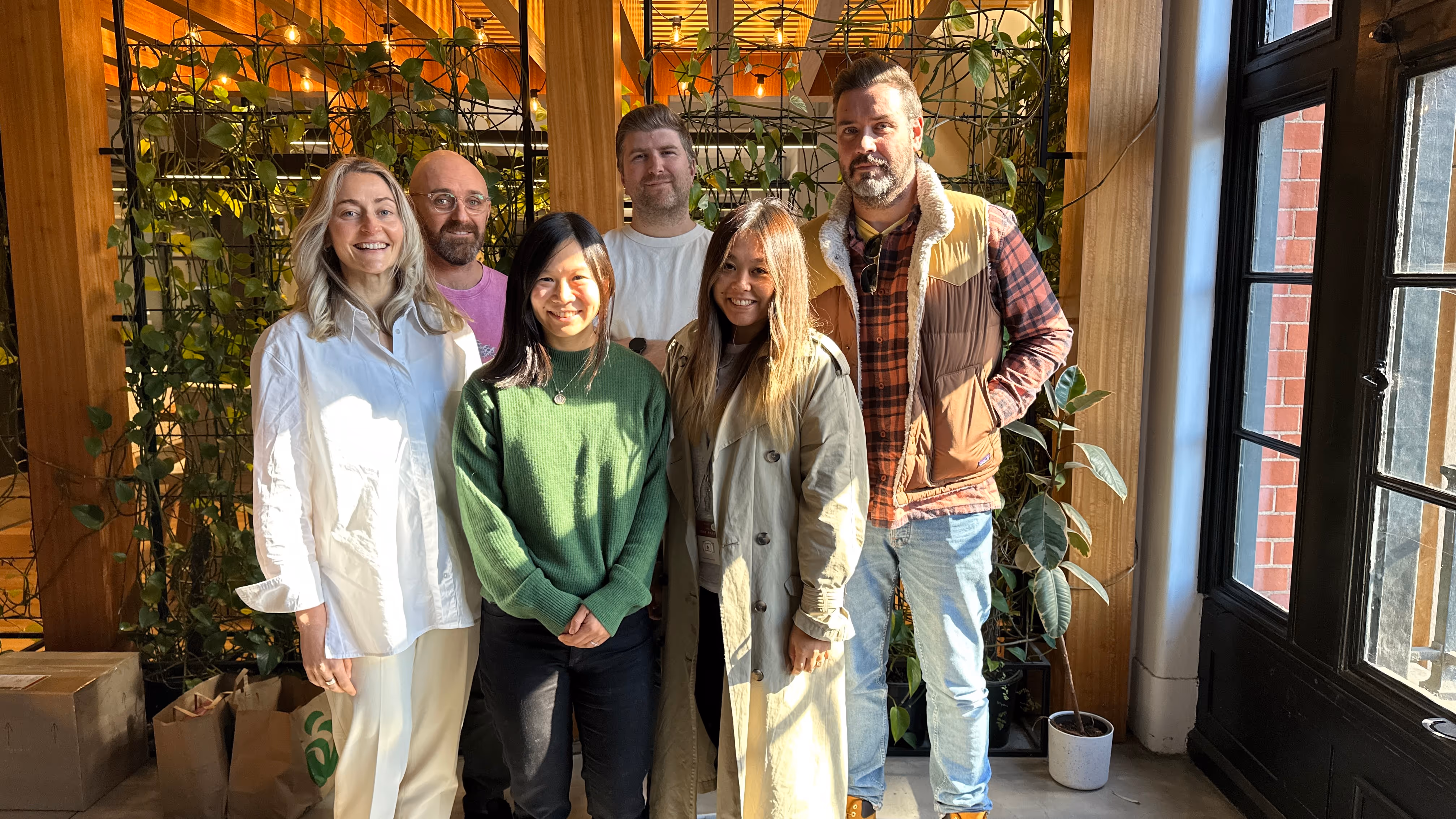 The first team photo when Alex Turnbull joined the team, bathing in sunlight at The Hub (certified B). Simon, Alex, Si, Sarah, Becky and Celine