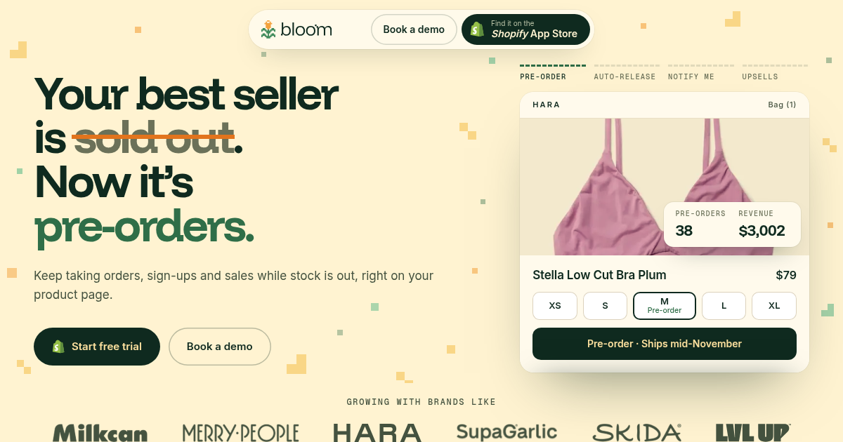 Bloom homepage: Your best seller is sold out. Now it's pre-orders, beside a HARA product page with a Pre-order button