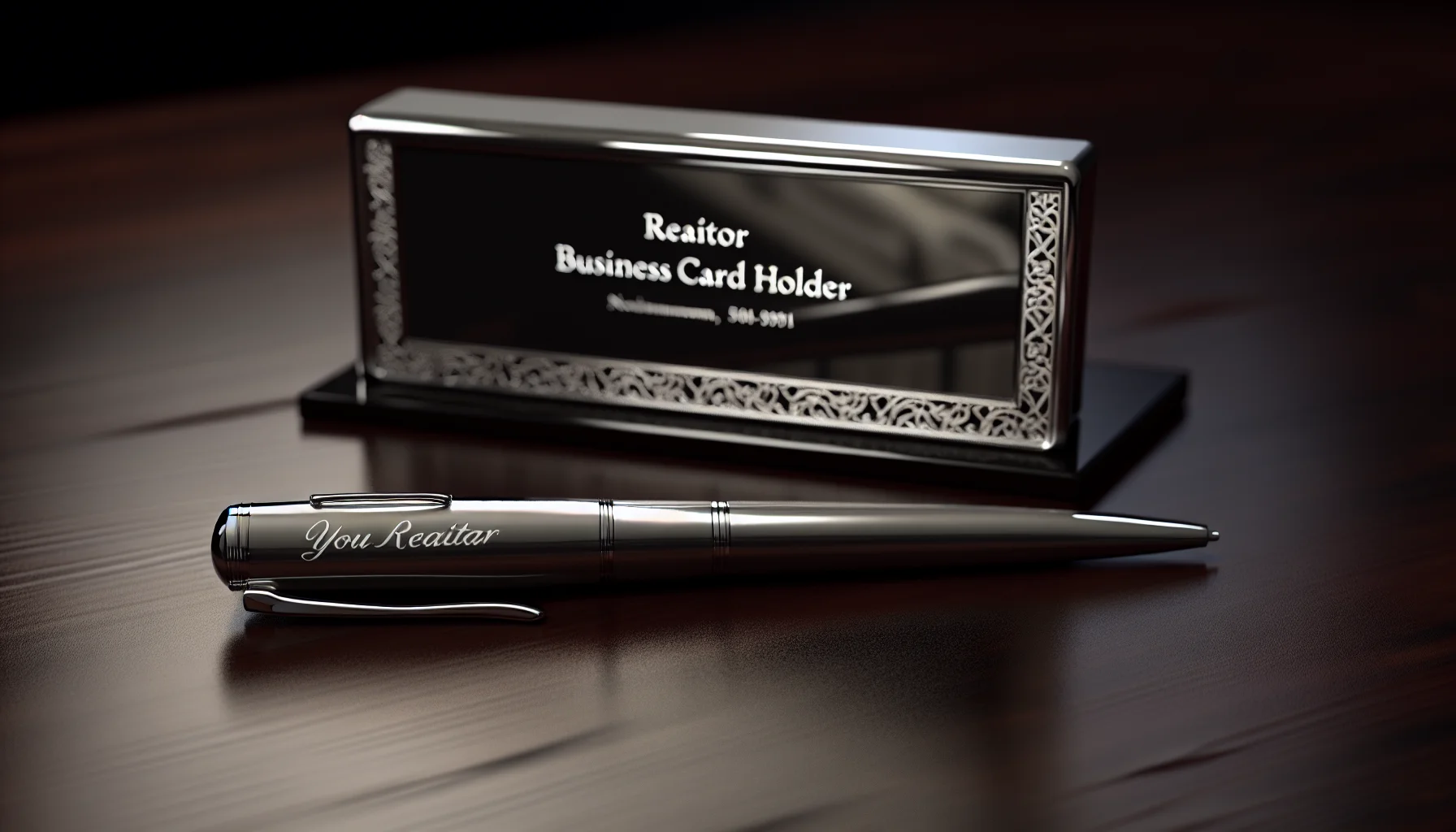 A picture of a business card holder; Personalized office accessories for realtors