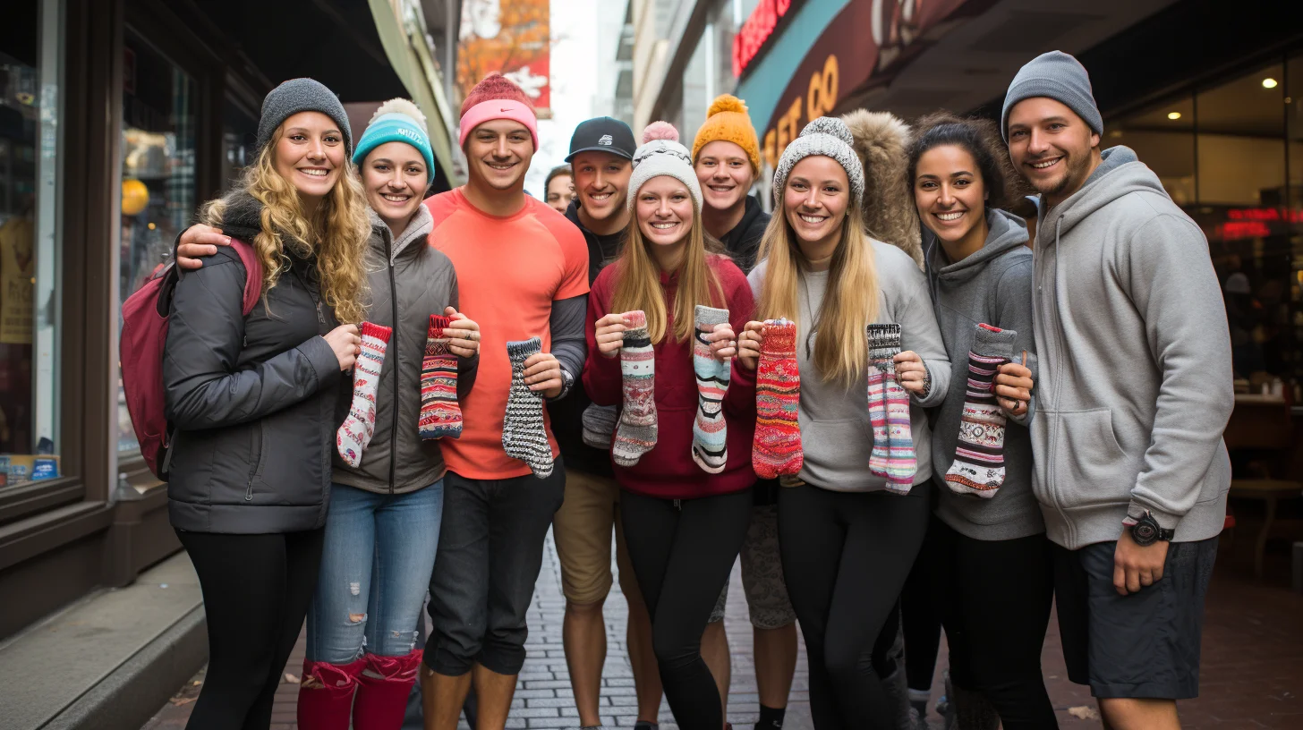 A group of people selling custom team socks to raise money for a baseball team