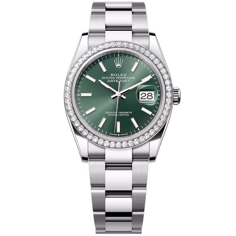 Rolex, Datejust 36, 126284RBR, Mint Dial, Stainless Steel, Diamond Bezel, Oyster Bracelet, 36mm