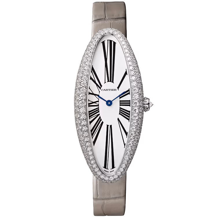 Cartier, Baignoire, WJBA0007, White Dial, Medium Model, White Gold, Diamond Bezel, Leather Bracelet, 47mm
