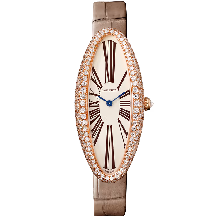 Cartier, Baignoire, WJBA0006, White Dial, Medium Model, Rose Gold, Diamond Bezel, Leather Bracelet, 47mm