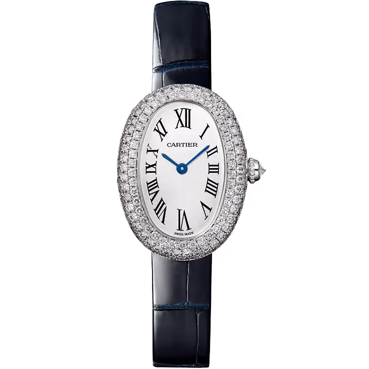 Cartier, Baignoire, WJBA0049, White Dial, Small Model, White Gold, Diamond Bezel, Leather Bracelet, 32mm