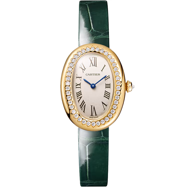 Cartier, Baignoire, WJBA0054, White Dial, Small Model, Size 17, Yellow Gold, Diamond Bezel, Leather Bracelet, 31mm