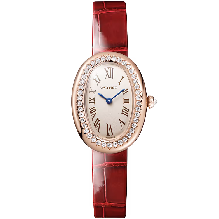 Cartier, Baignoire, WJBA0053, White Dial, Small Model, Yellow Gold, Diamond Bezel, Leather Bracelet, 31mm