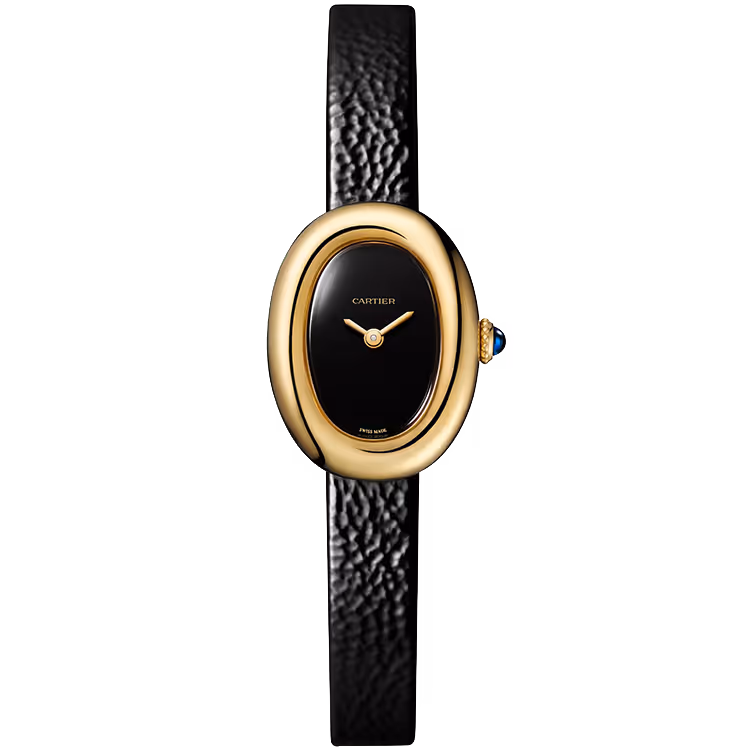 Cartier, Baignoire, WGBA0040, Black Dial, Mini Model, Yellow Gold, Leather Bracelet, 25mm