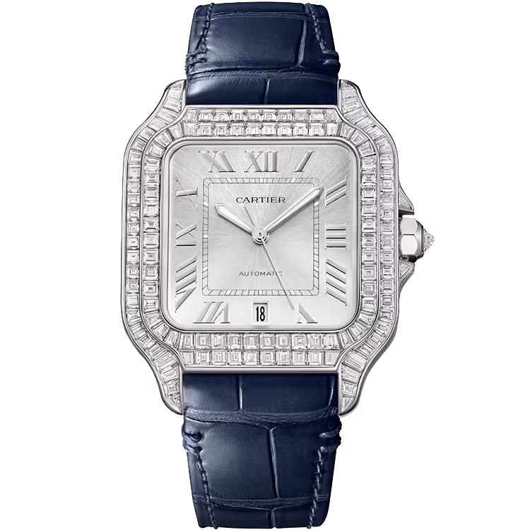 Cartier, Santos, HPI01687, Silver Dial, Large Model, White Gold, Diamond Bezel, Leather Bracelet, 48mm