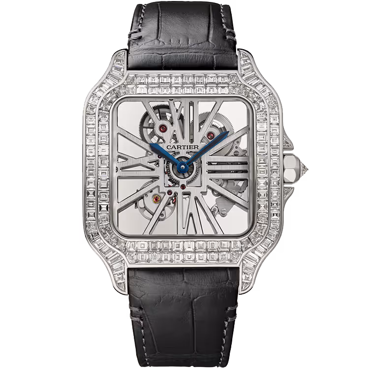 Cartier, Santos, HPI01500, Skeleton Dial, White Gold, Diamond Bezel, Leather Bracelet, 48mm