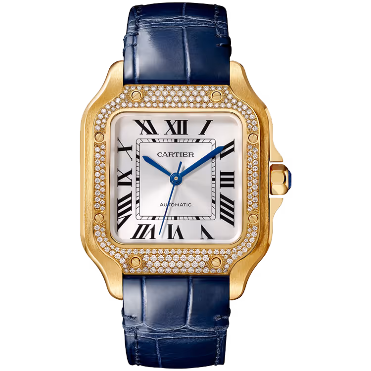 Cartier, Santos, WJSA0013, Silver Dial, Medium Model, Yellow Gold, Diamond Bezel, Leather Bracelet, 35mm